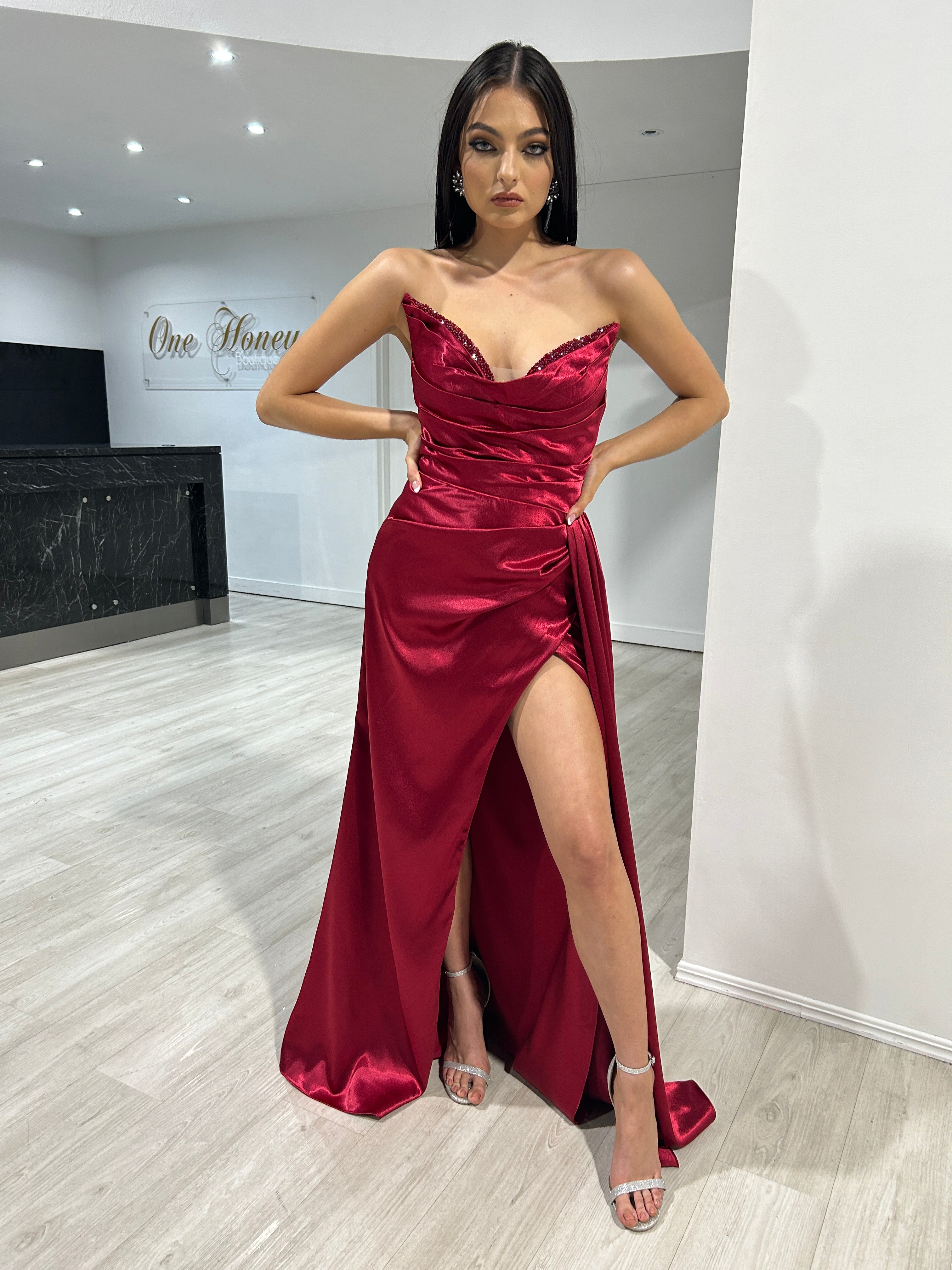 Dark red strapless store dress