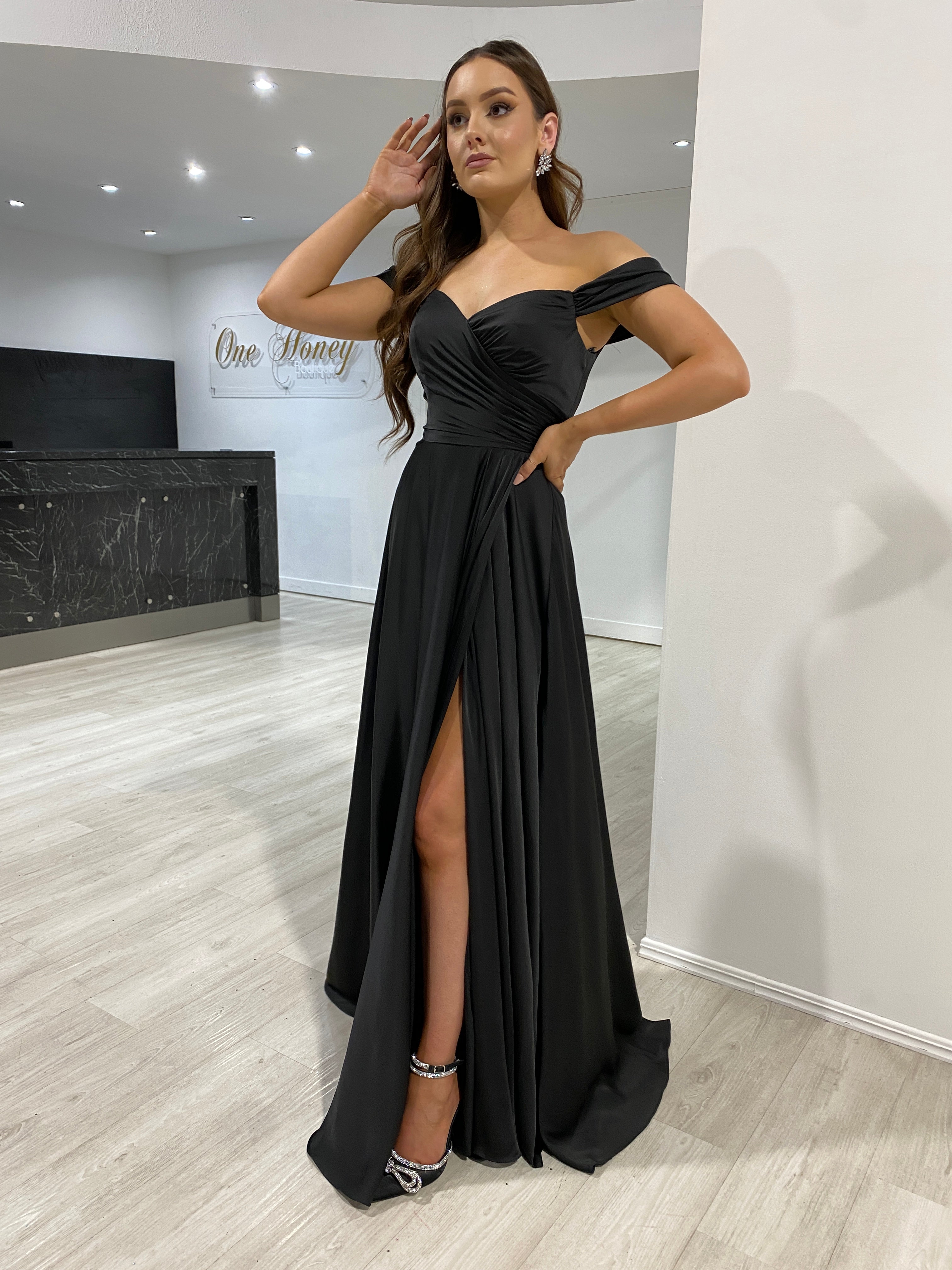 Honey Couture AURA Black Off the Shoulder Silky A Line Bridesmaid Form