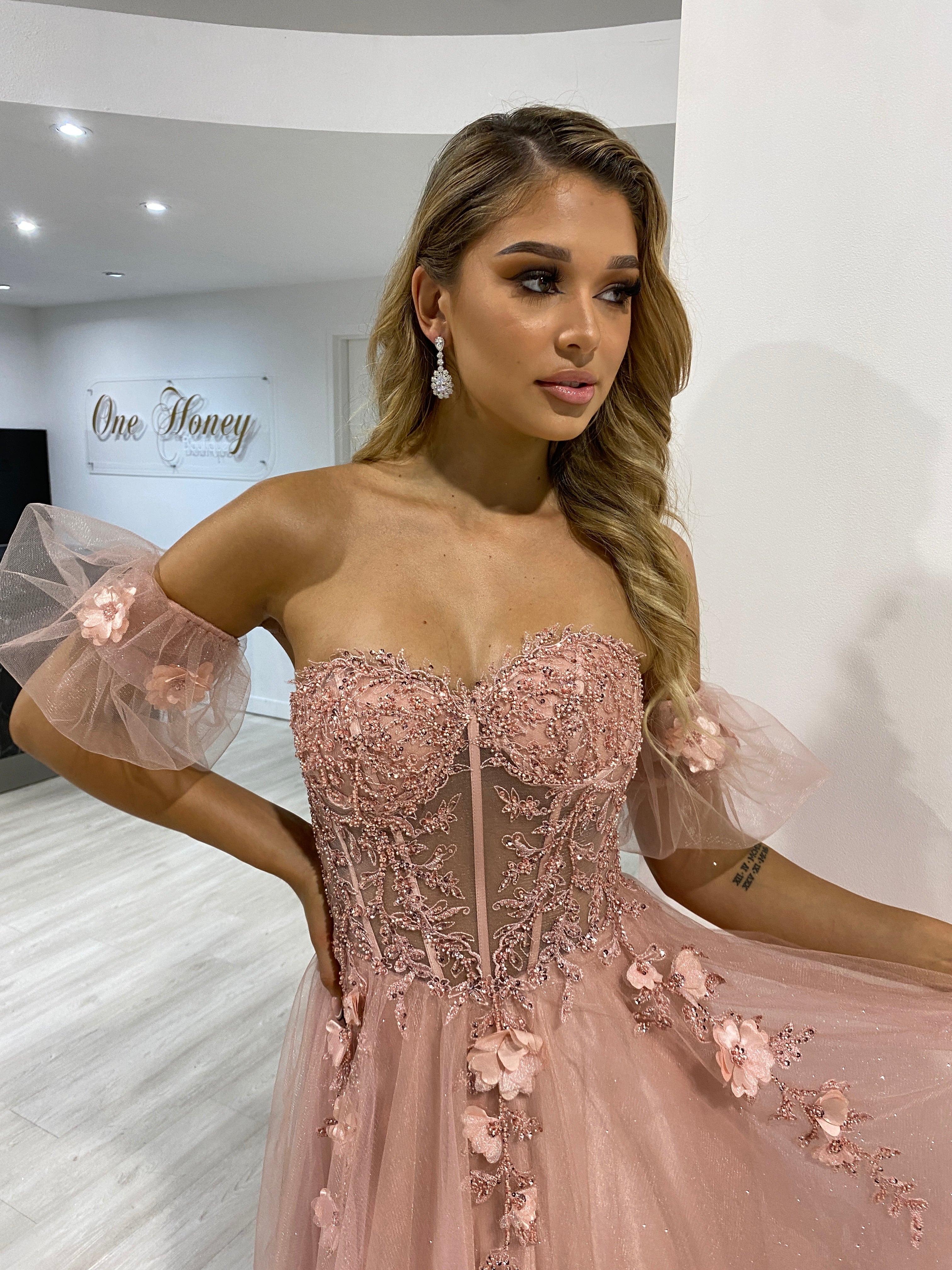 Blush Pink 3D Flowers A Line Prom Dresses Sweetheart Neck Long Formal –  SheerGirl