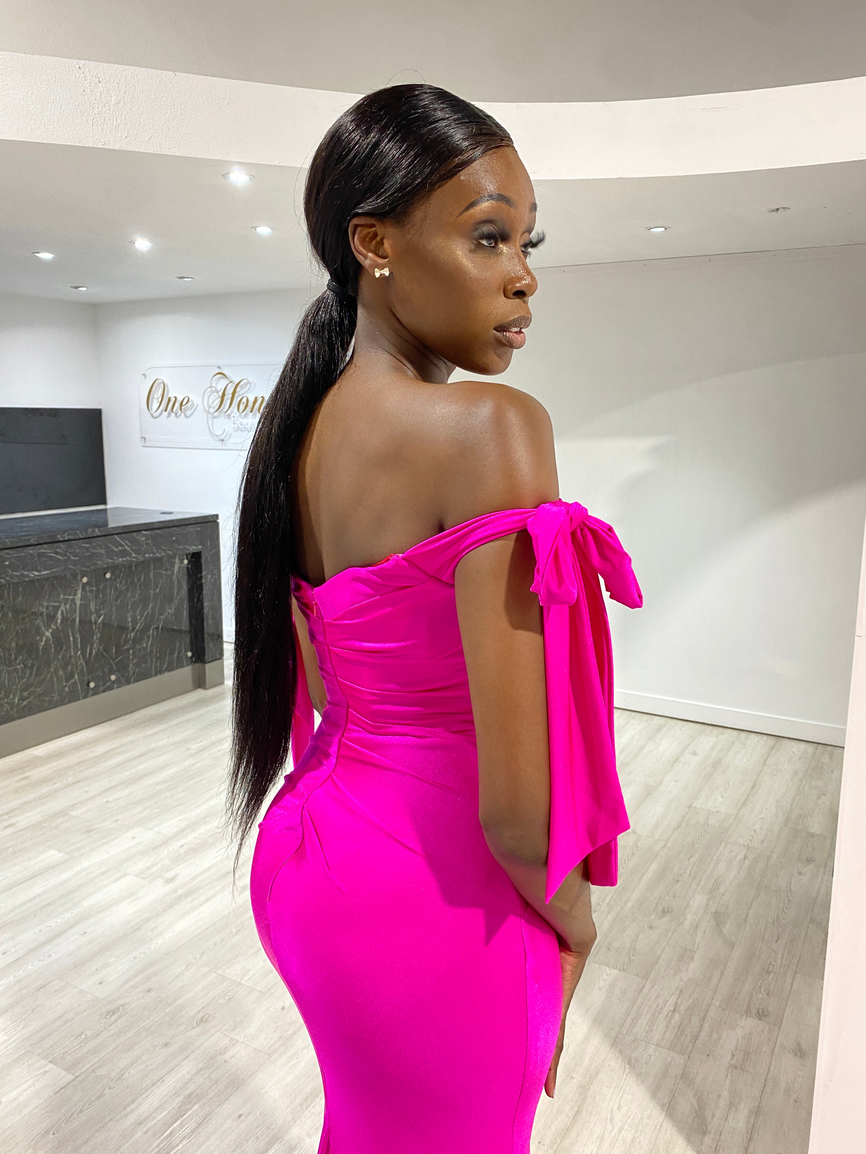 Off shoulder 2024 hot pink dress