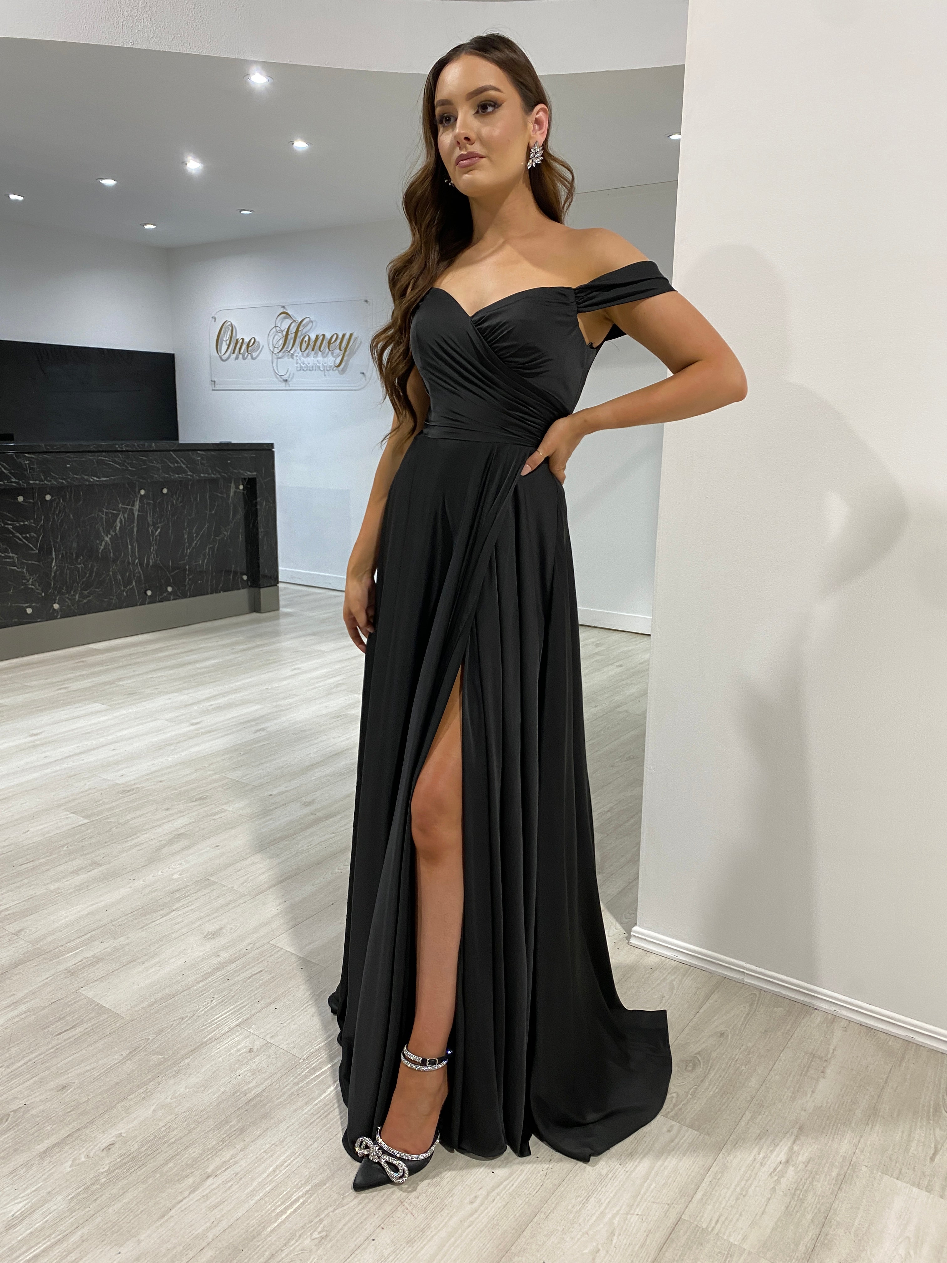 Honey Couture AURA Black Off the Shoulder Silky A Line Bridesmaid Form