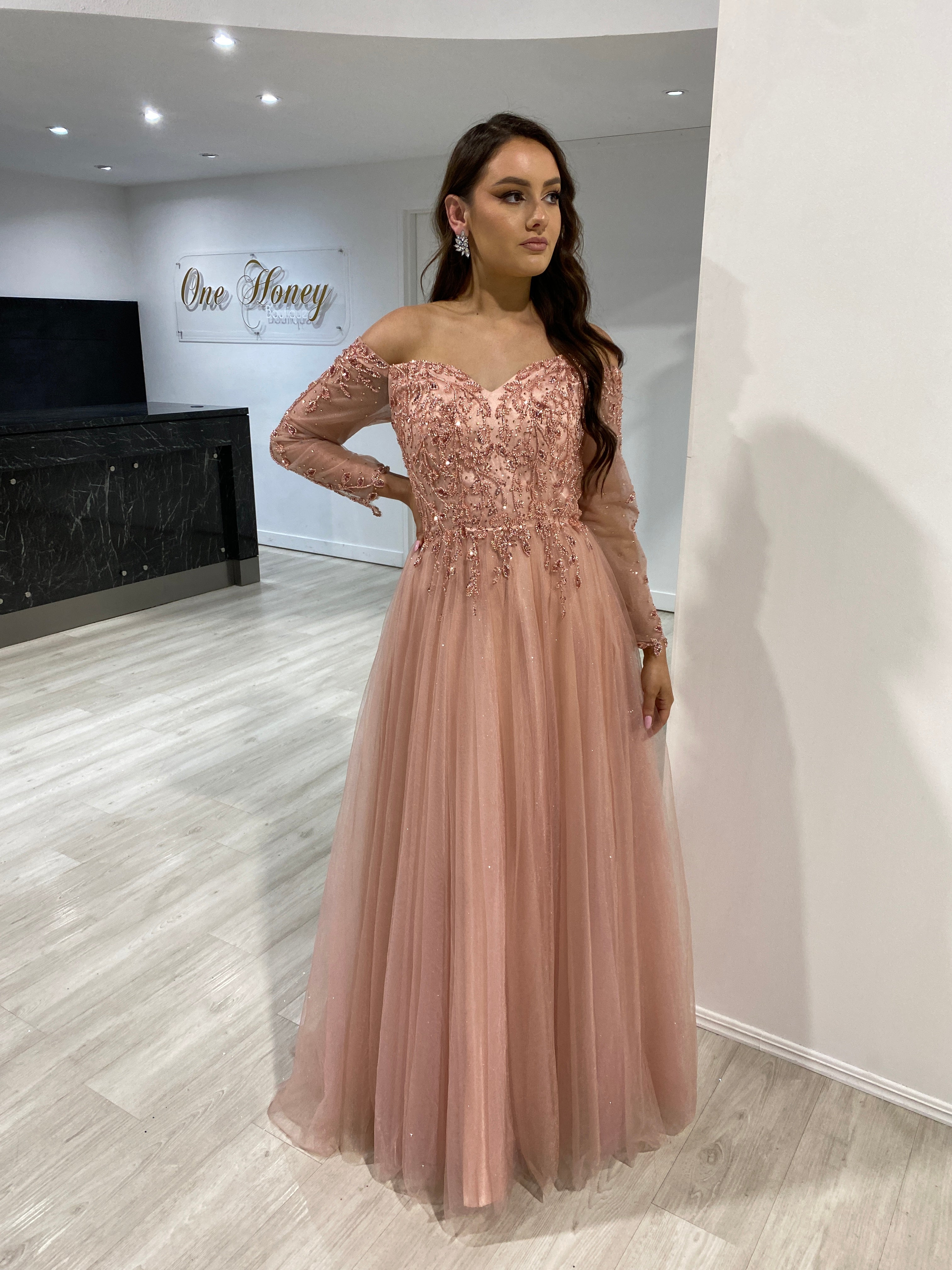 Long sleeve blush evening gown hotsell