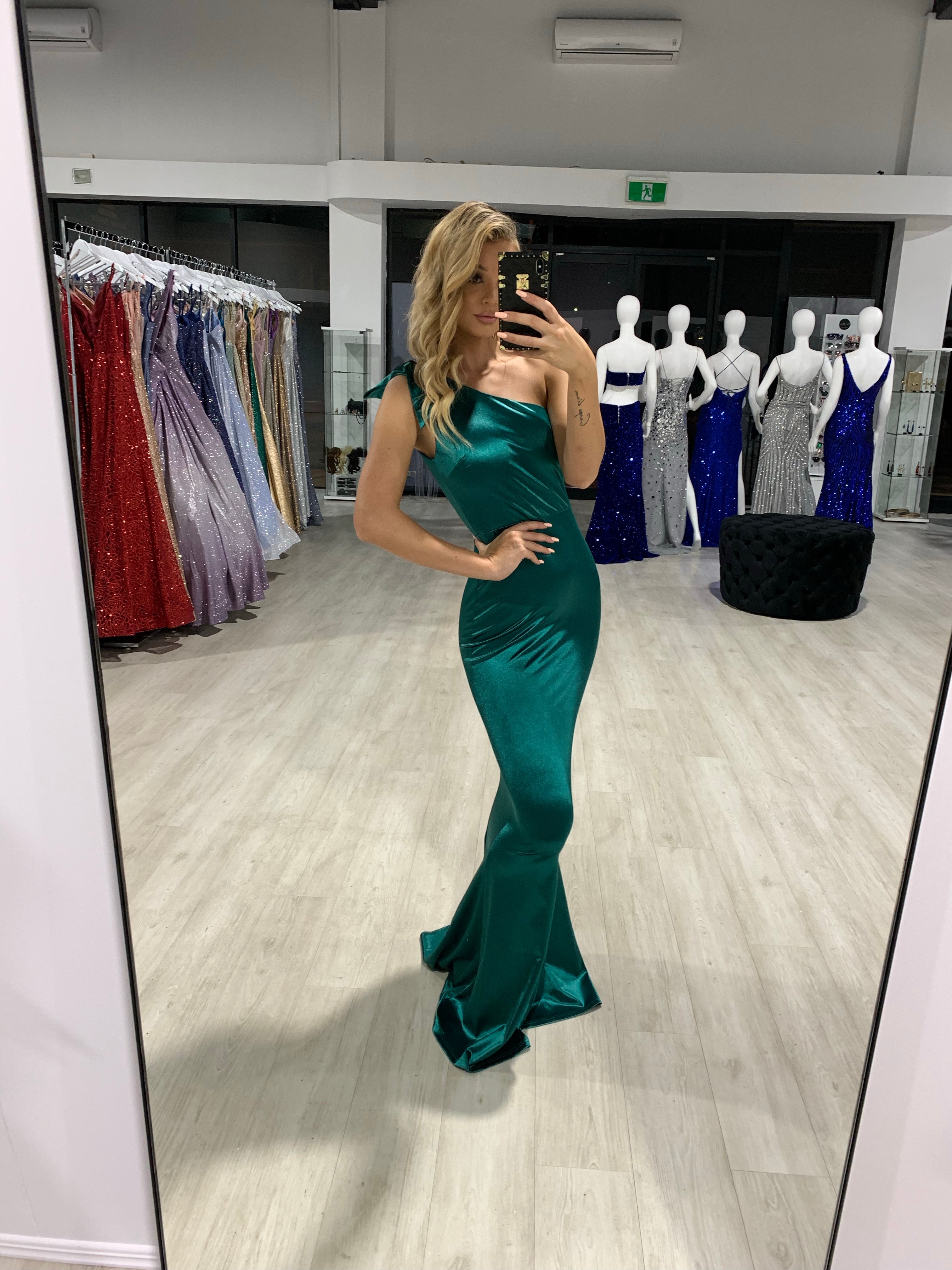 Honey Couture CHARLI Emerald Green Bow Feature One Shoulder Mermaid Fo