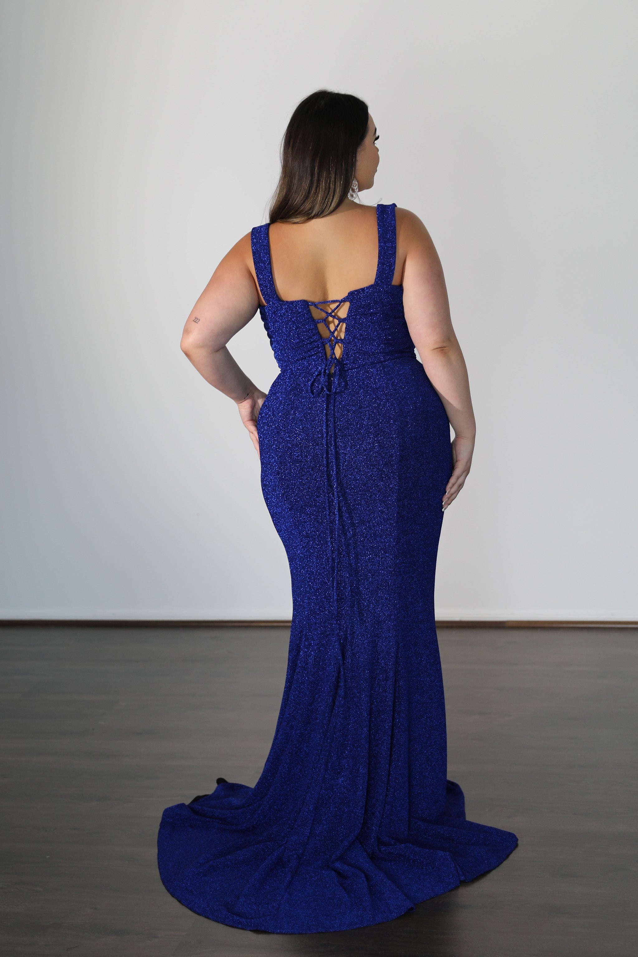 lace up back on blue formal gown