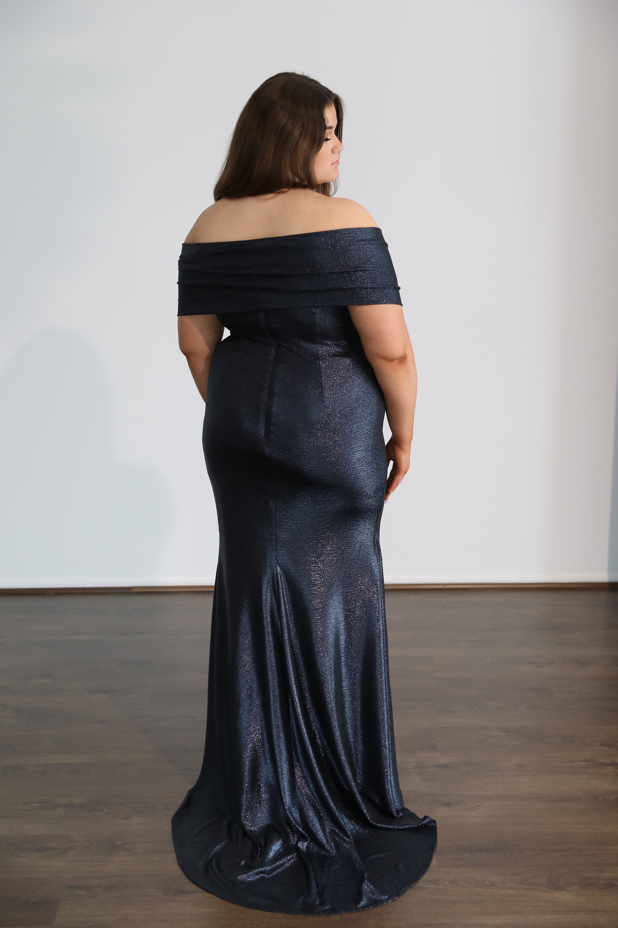 navy off the shoulder design formal dress