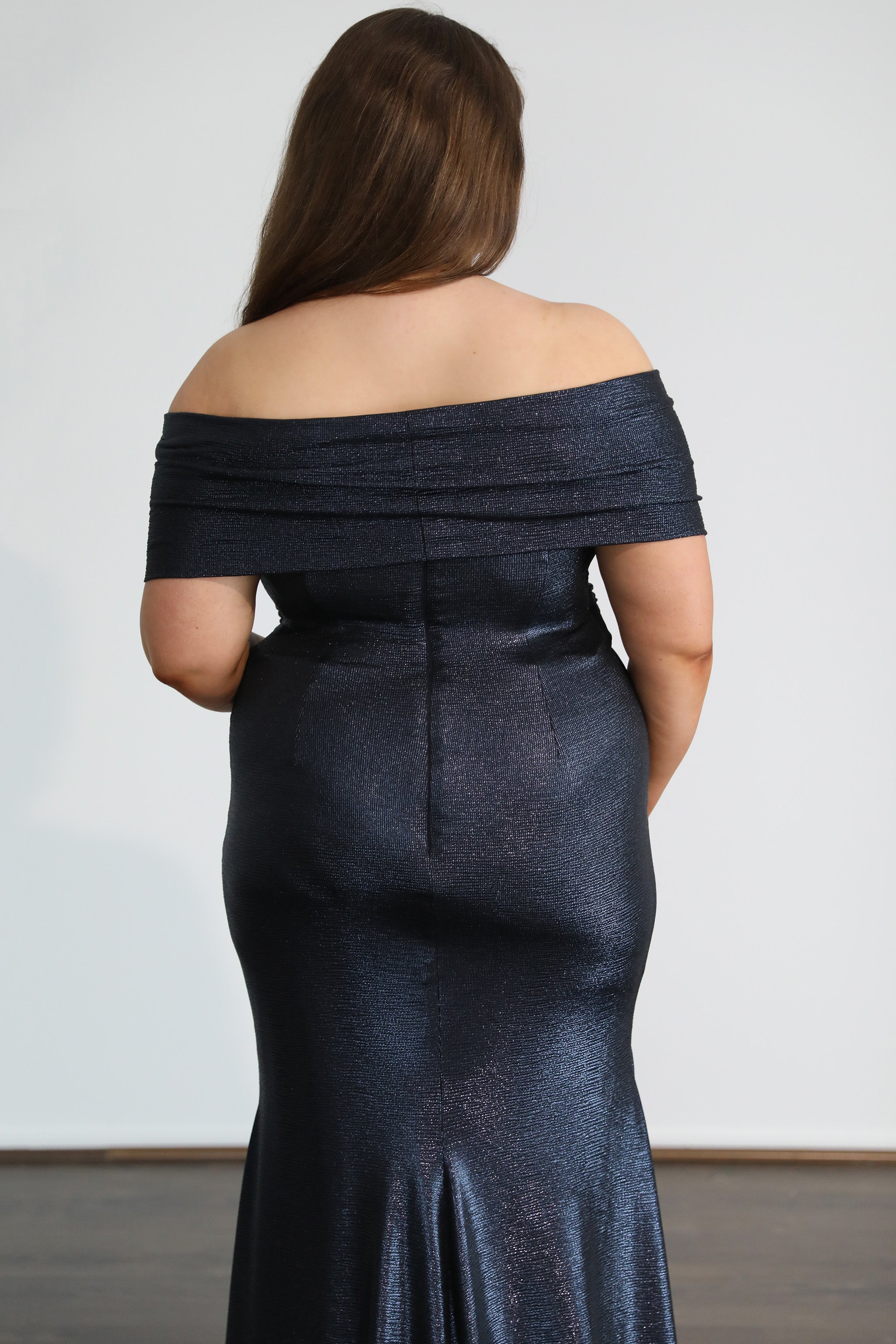 off the shoulder formal dress in navy