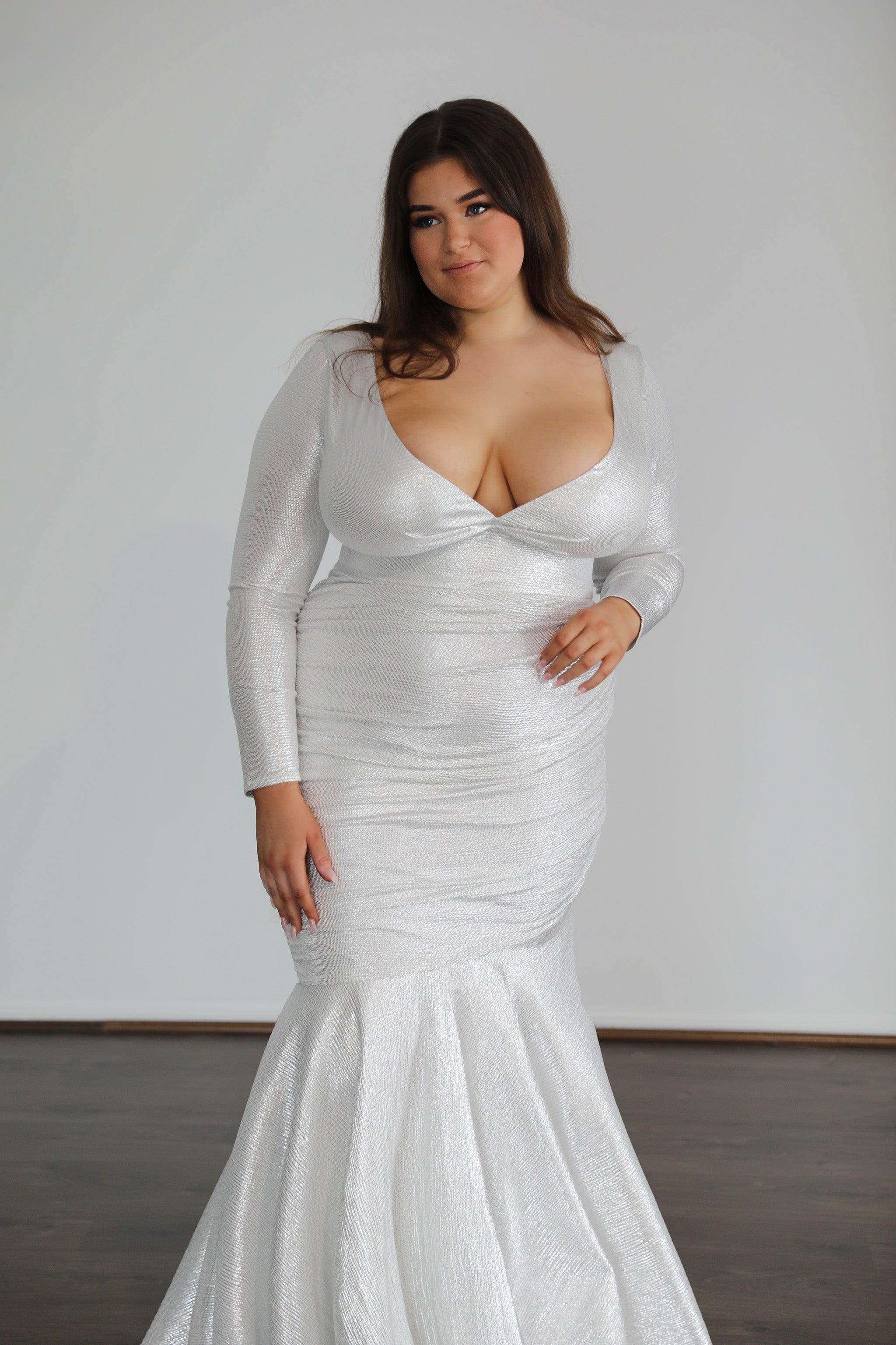 plus size formal dress in silver with long sleeves
