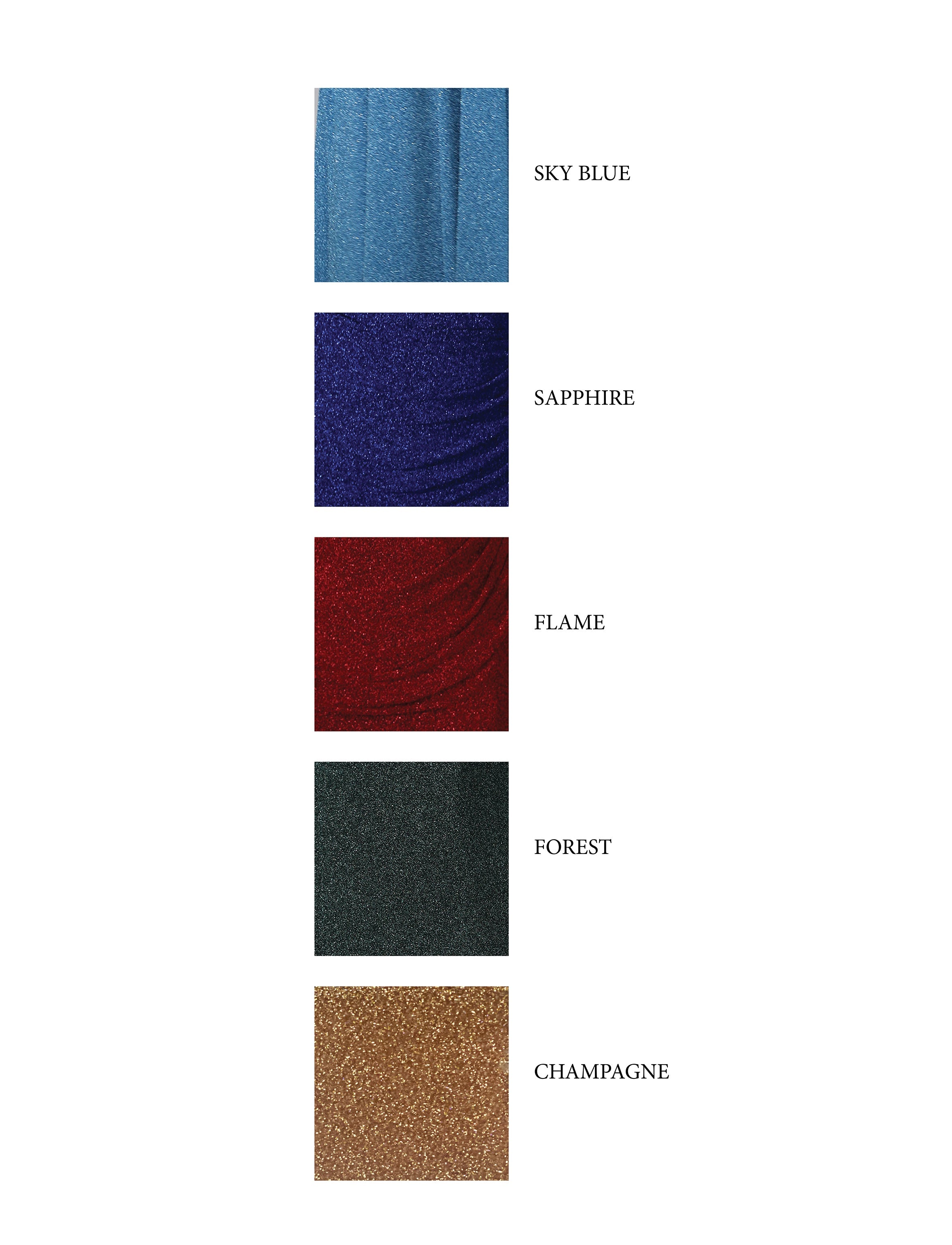 row of five colours of metallic jersey fabric swatches