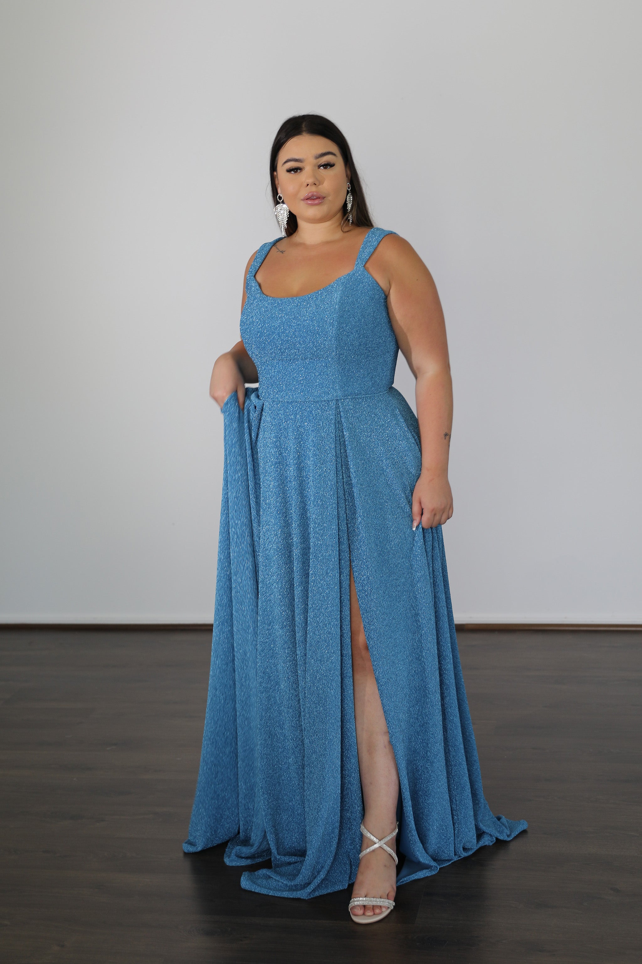 sky blue flowing formal dress with thin straps