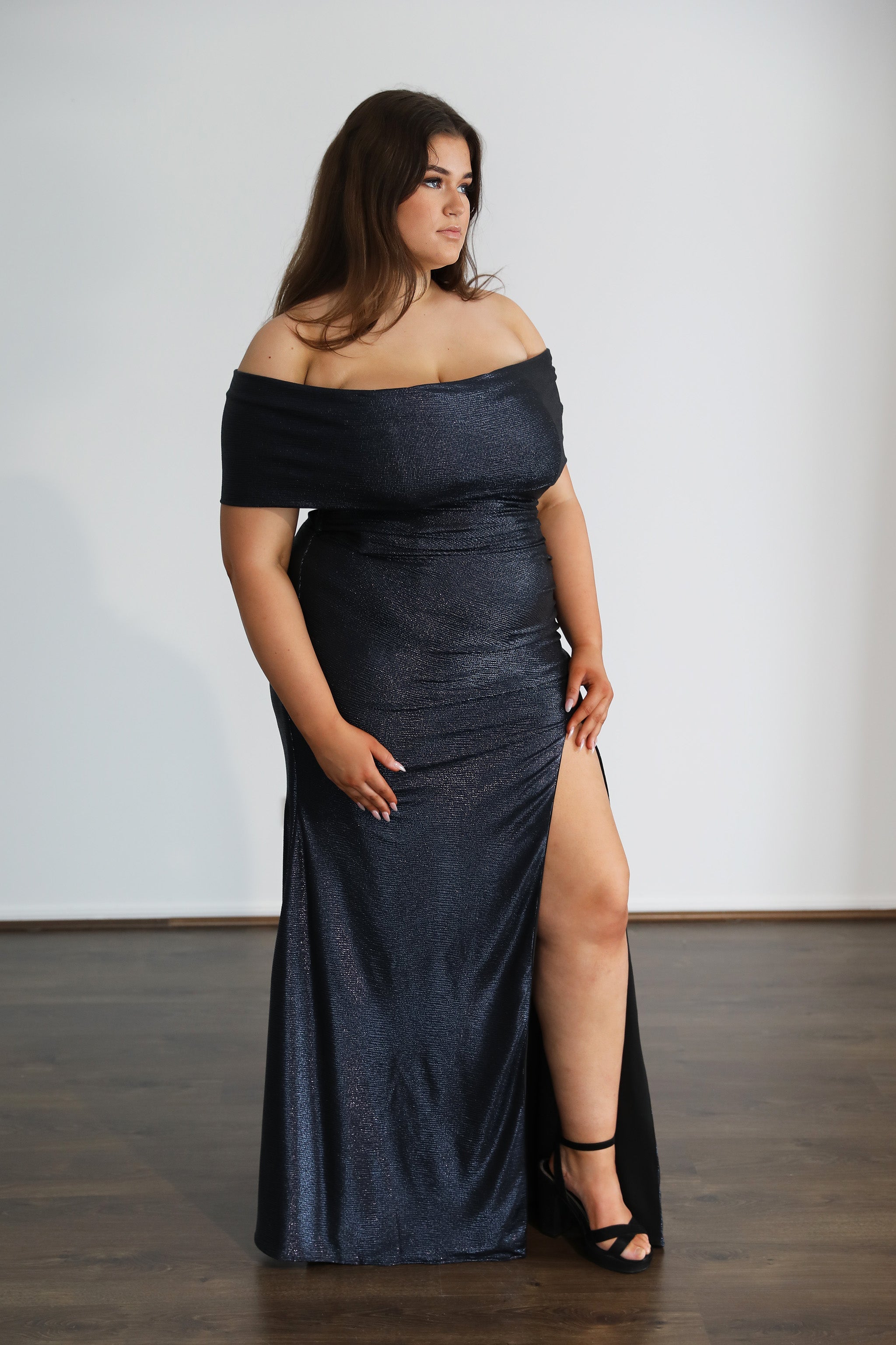 thigh high split and off the shoulder sleeved formal gown