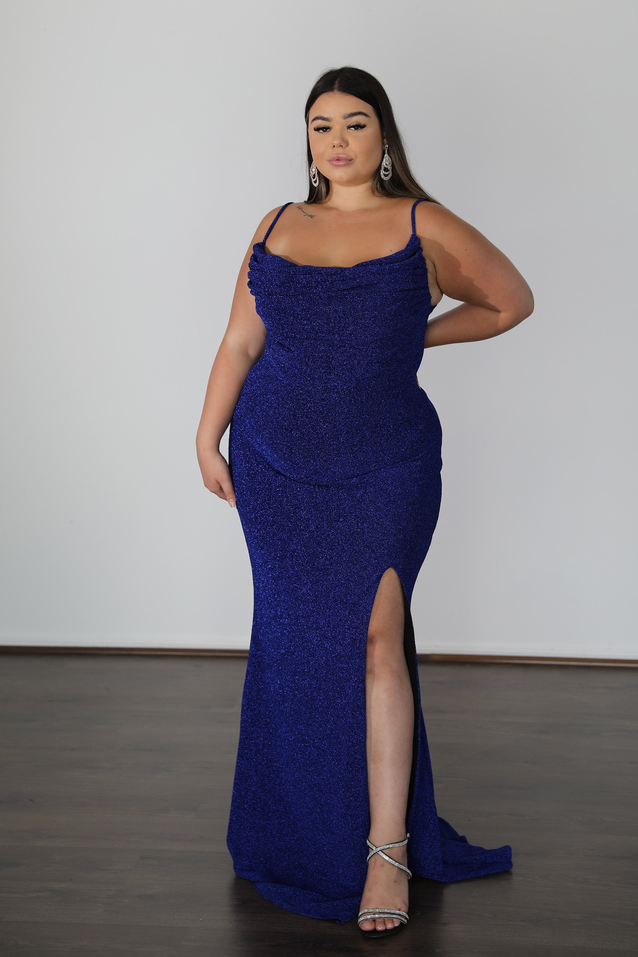 thin straps and daring split on cobalt blue formal dress