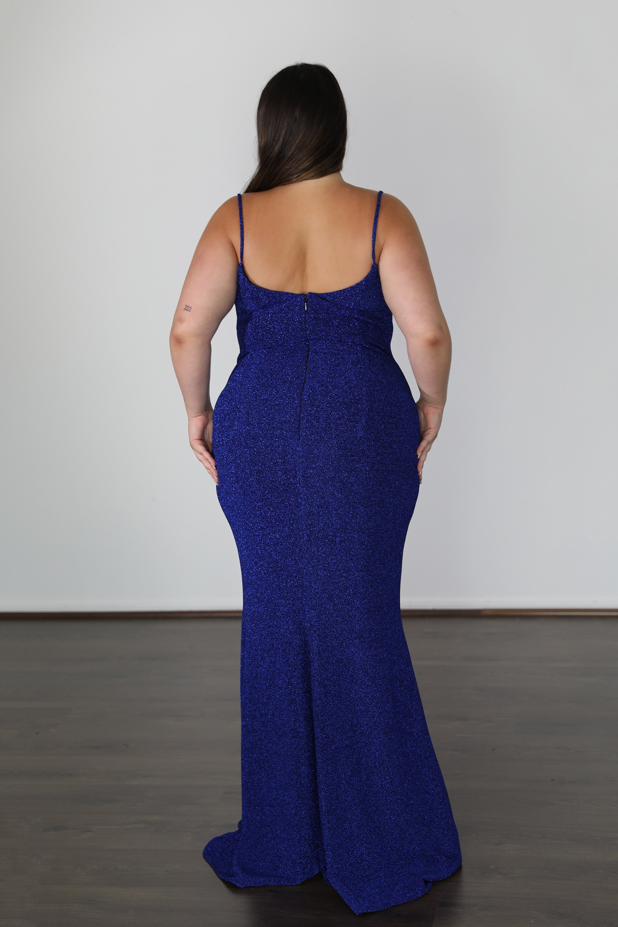 thin straps on u-back fitted formal dress